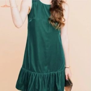 J. Crew Green Velvet Ruffle Hem Sleeveless Dress